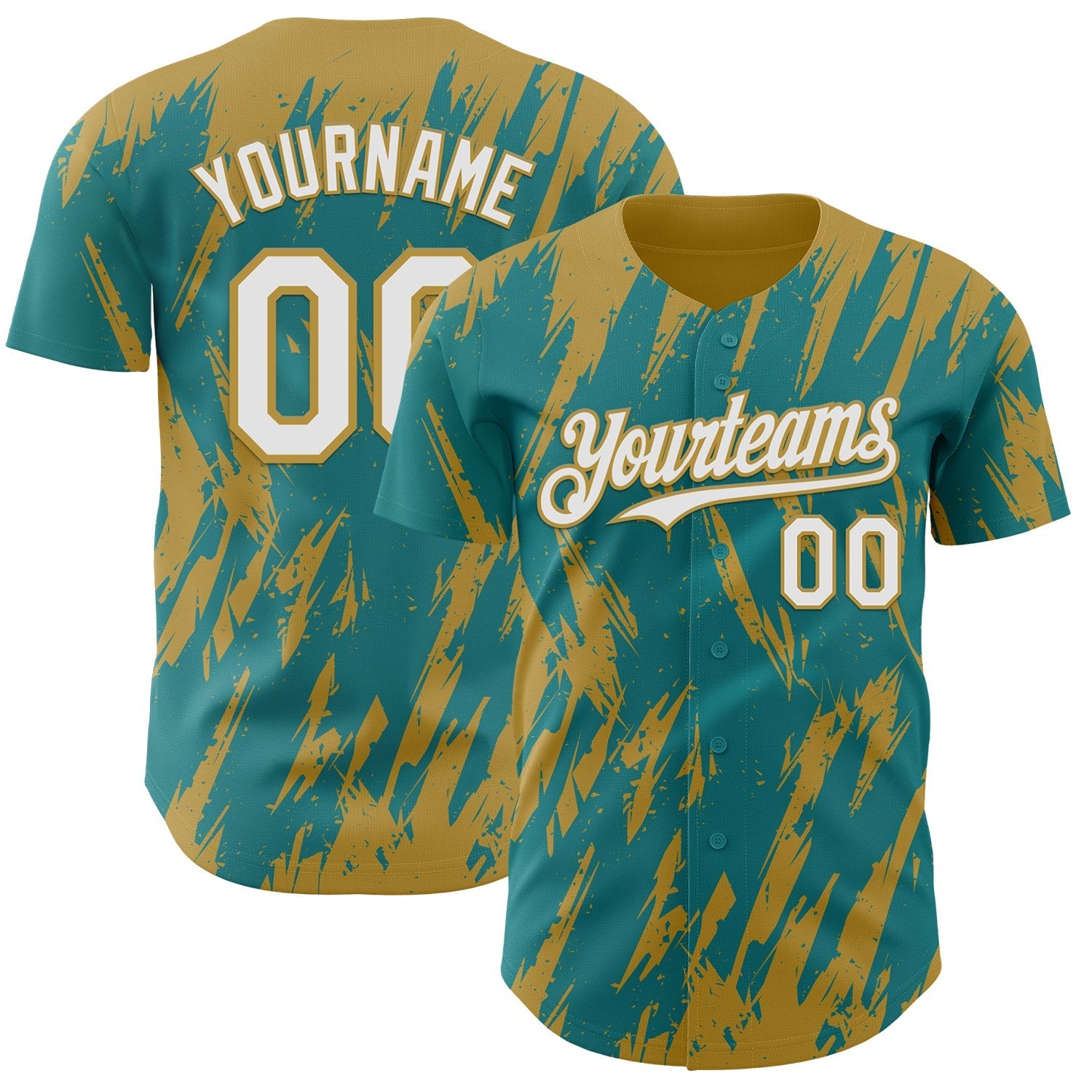 Custom Teal White-Old Gold Splatter Torn Sharp Brush Stroke Authentic Baseball Jersey baseball jersey product view 1