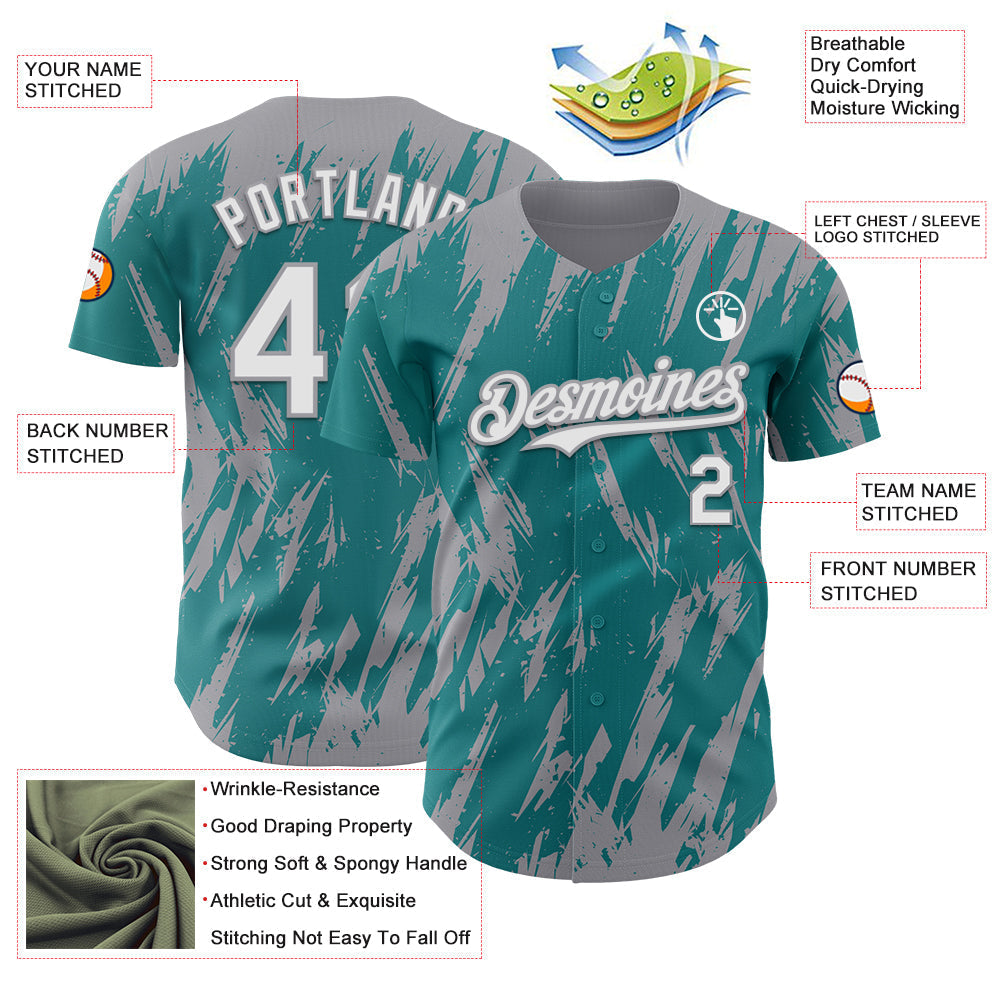 Custom Teal White-Gray Splatter Torn Sharp Brush Stroke Authentic Baseball Jersey baseball jersey product view 3