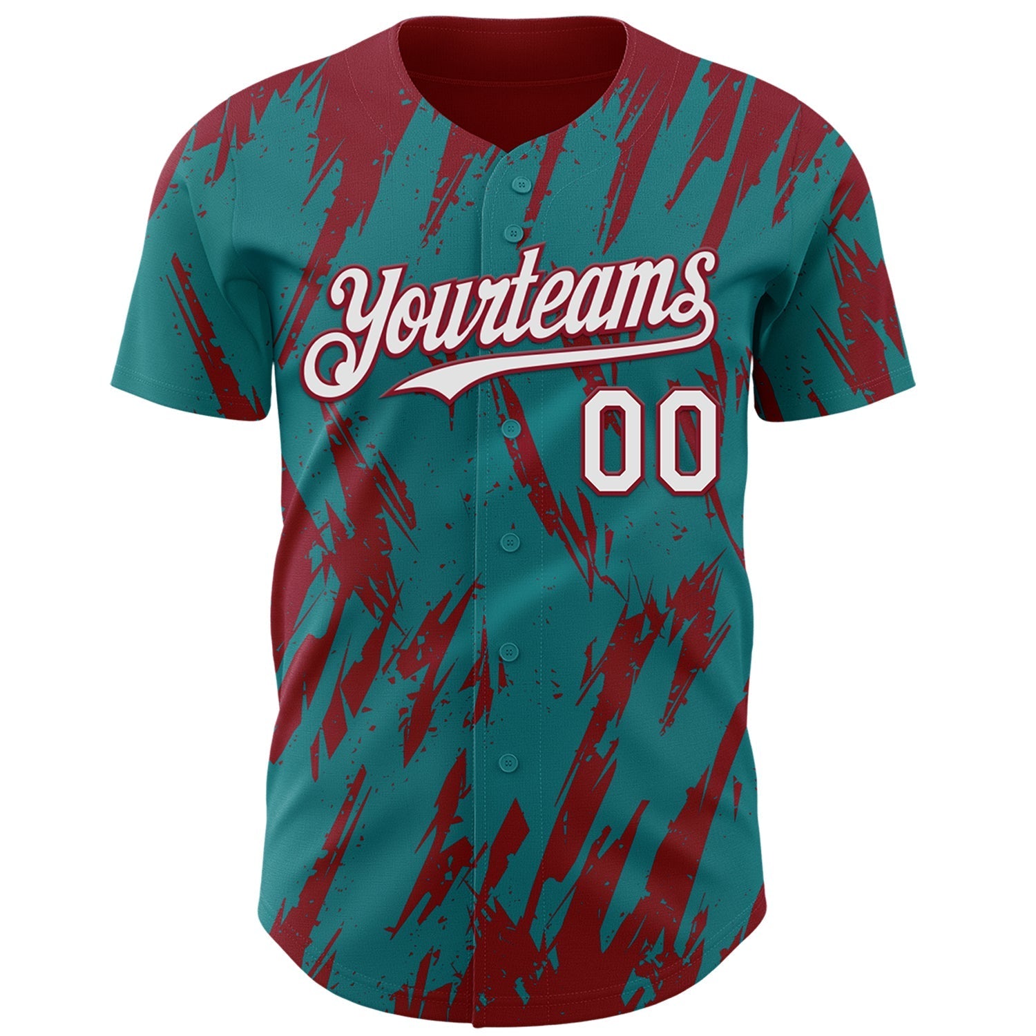 Custom Teal White-Crimson Splatter Torn Sharp Brush Stroke Authentic Baseball Jersey baseball jersey product view 2