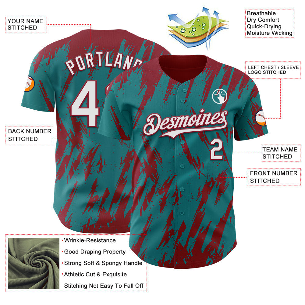 Custom Teal White-Crimson Splatter Torn Sharp Brush Stroke Authentic Baseball Jersey baseball jersey product view 3