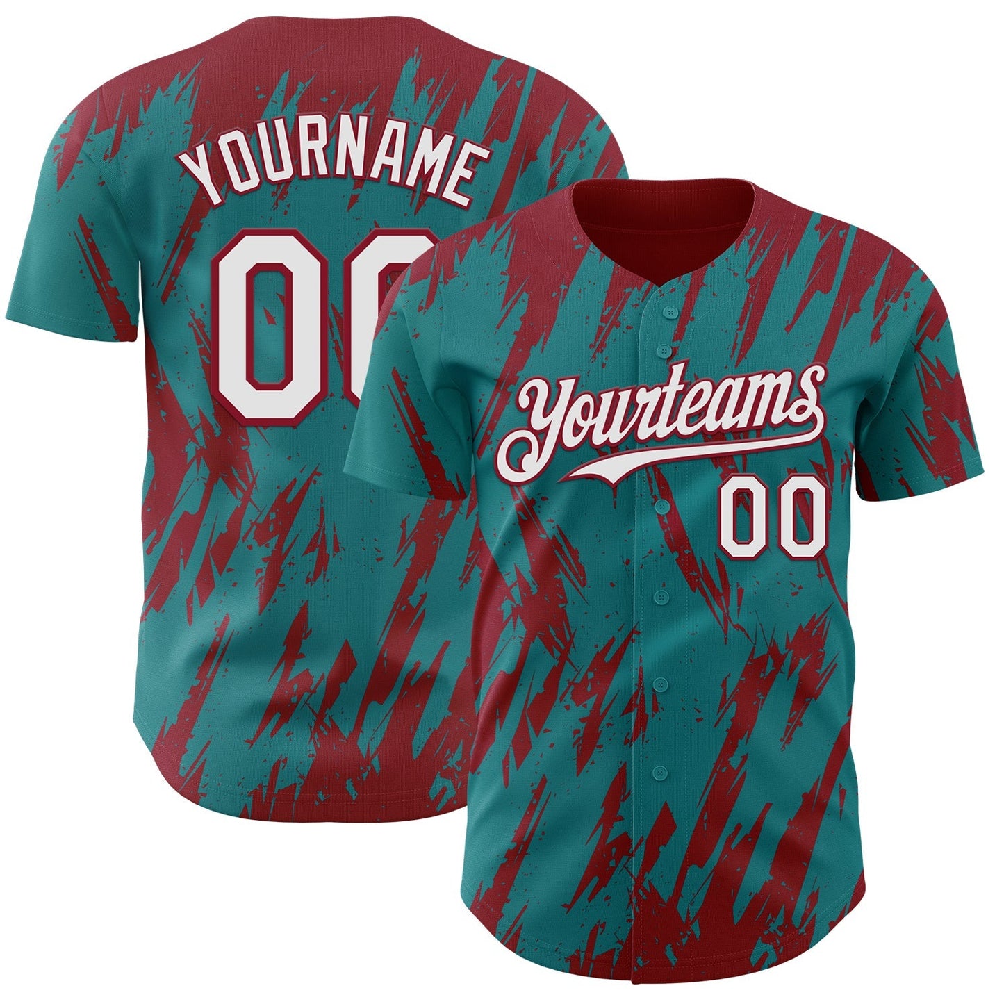 Custom Teal White-Crimson Splatter Torn Sharp Brush Stroke Authentic Baseball Jersey baseball jersey product view 1