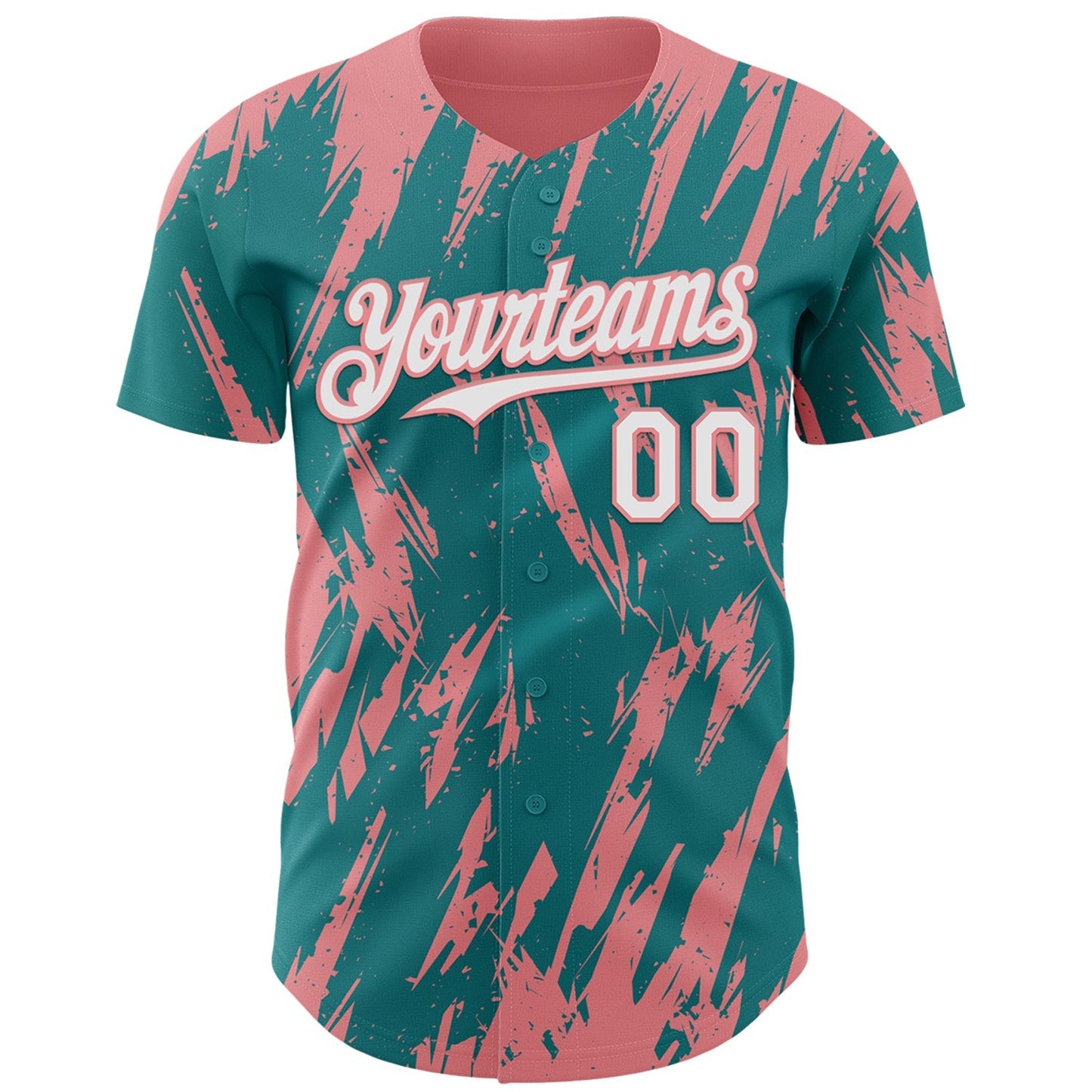 Custom Teal White-Medium Pink Splatter Torn Sharp Brush Stroke Authentic Baseball Jersey baseball jersey product view 2