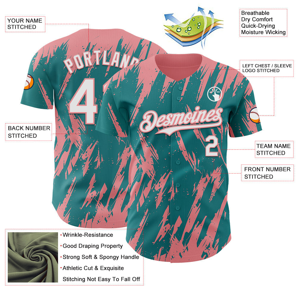 Custom Teal White-Medium Pink Splatter Torn Sharp Brush Stroke Authentic Baseball Jersey baseball jersey product view 3