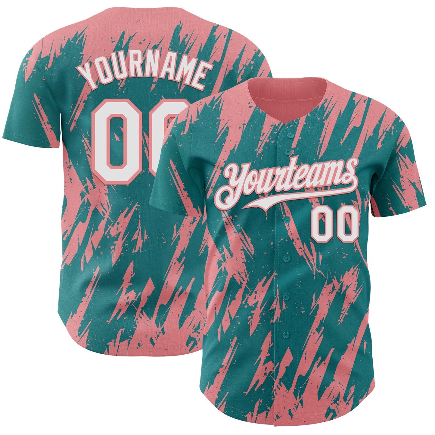 Custom Teal White-Medium Pink Splatter Torn Sharp Brush Stroke Authentic Baseball Jersey baseball jersey product view 1
