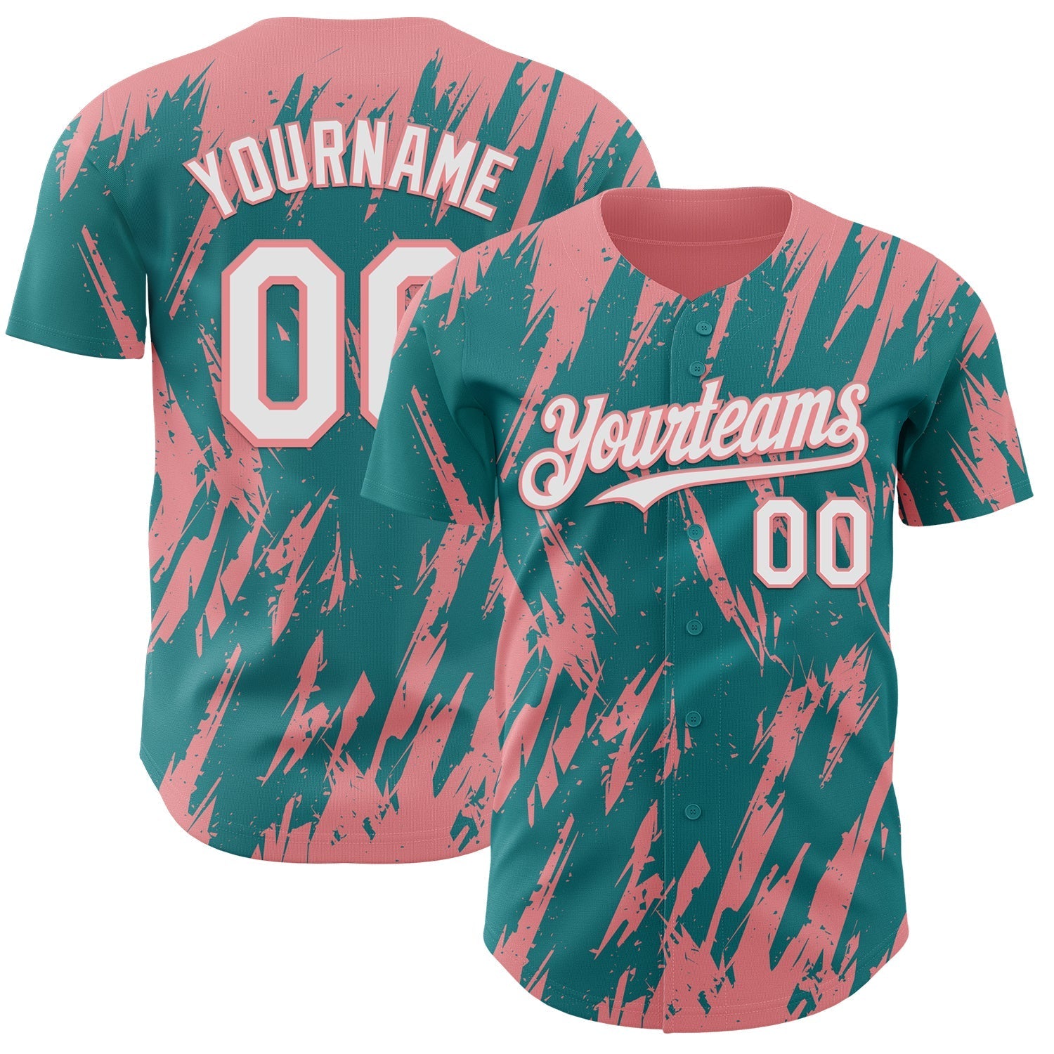 Custom Teal White-Medium Pink Splatter Torn Sharp Brush Stroke Authentic Baseball Jersey baseball jersey product view 1