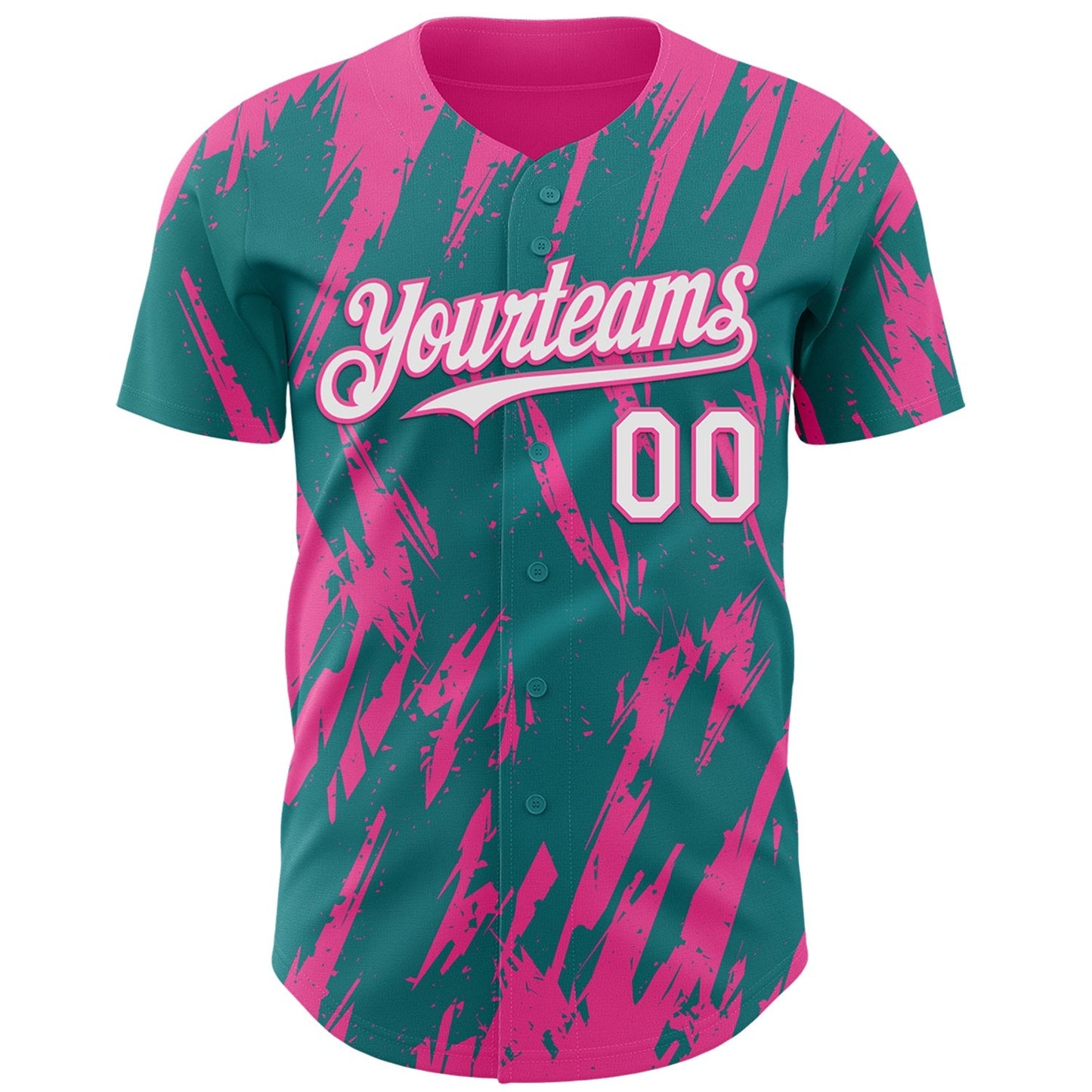Custom Teal White-Pink Splatter Torn Sharp Brush Stroke Authentic Baseball Jersey baseball jersey product view 2