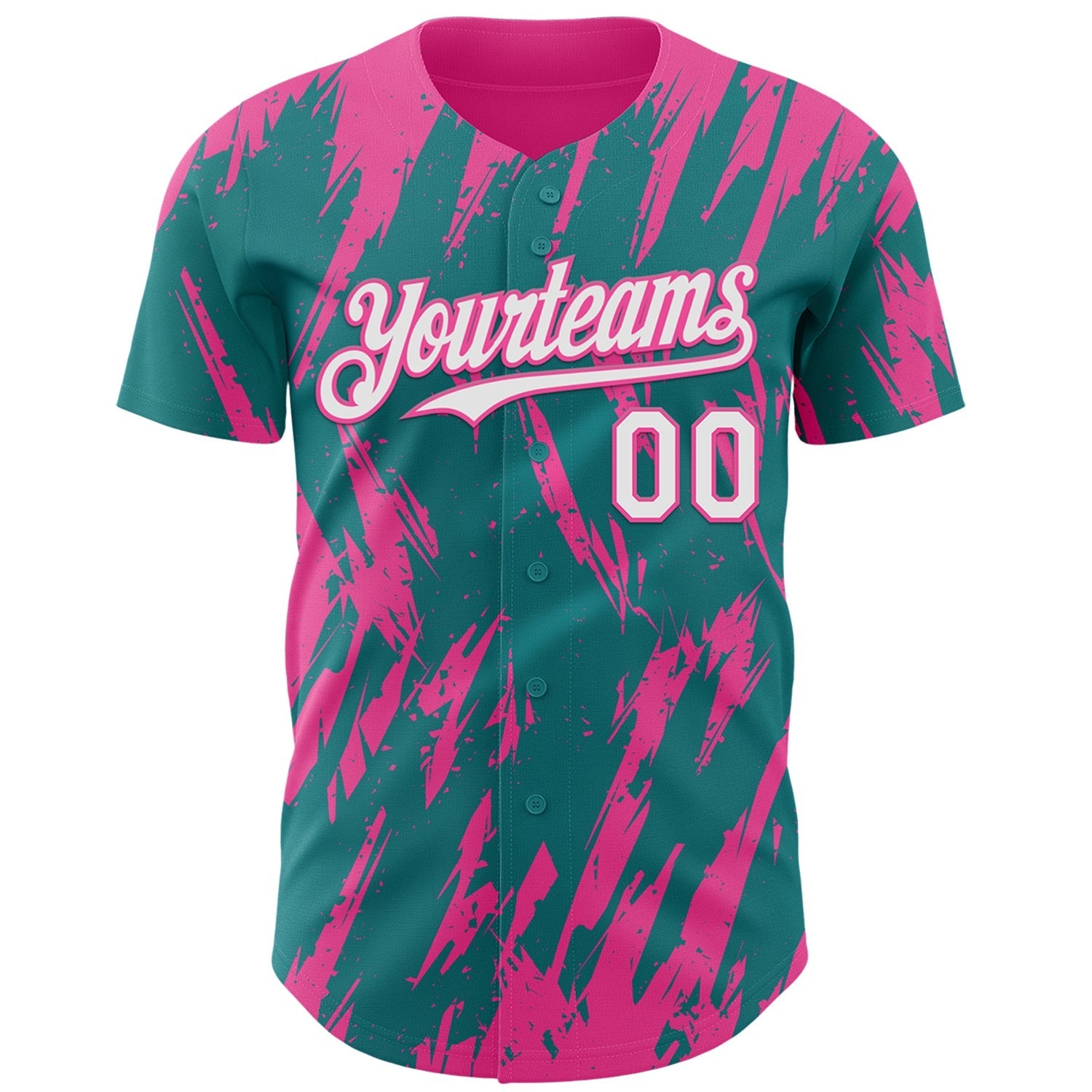 Custom Teal White-Pink Splatter Torn Sharp Brush Stroke Authentic Baseball Jersey baseball jersey product view 2