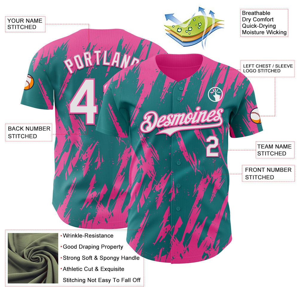 Custom Teal White-Pink Splatter Torn Sharp Brush Stroke Authentic Baseball Jersey baseball jersey product view 3