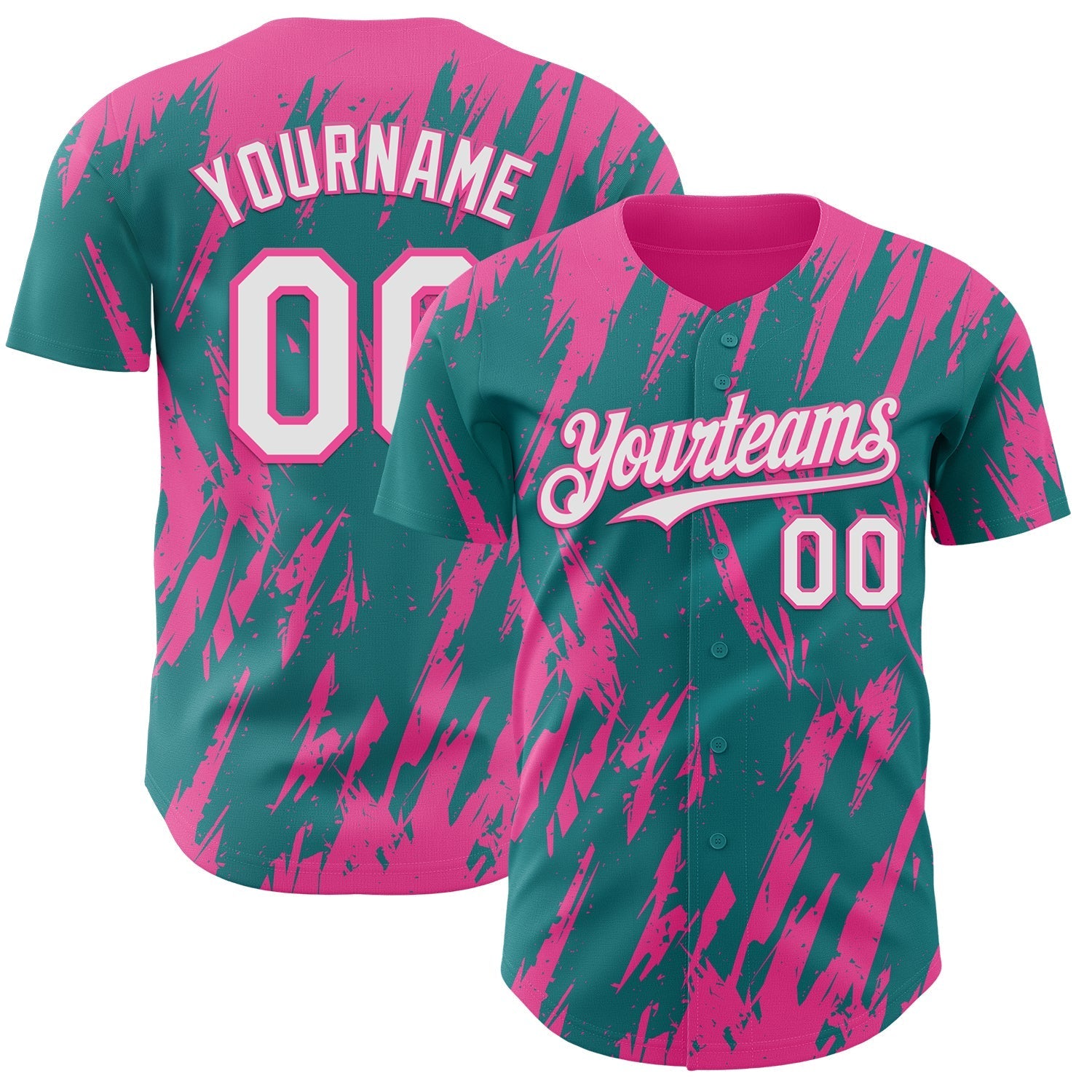 Custom Teal White-Pink Splatter Torn Sharp Brush Stroke Authentic Baseball Jersey baseball jersey product view 1