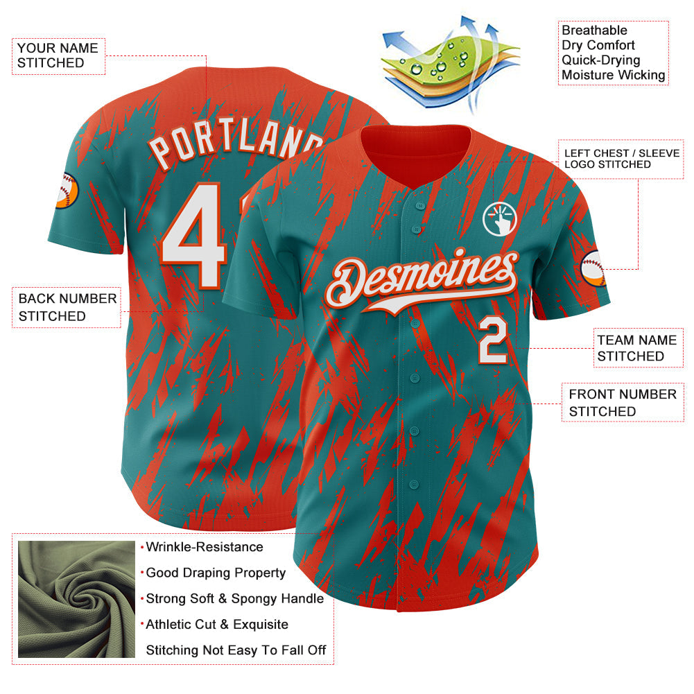 Custom Teal White-Orange Splatter Torn Sharp Brush Stroke Authentic Baseball Jersey baseball jersey product view 3