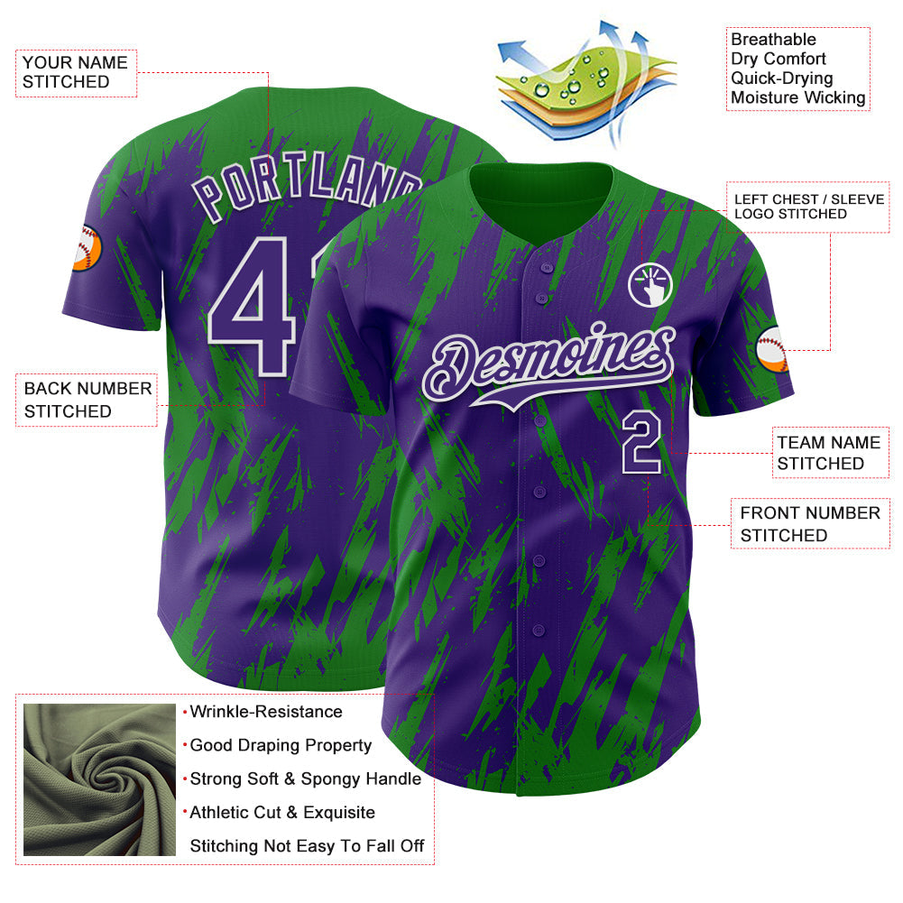 Custom Purple White-Grass Green Splatter Torn Sharp Brush Stroke Authentic Baseball Jersey baseball jersey product view 3
