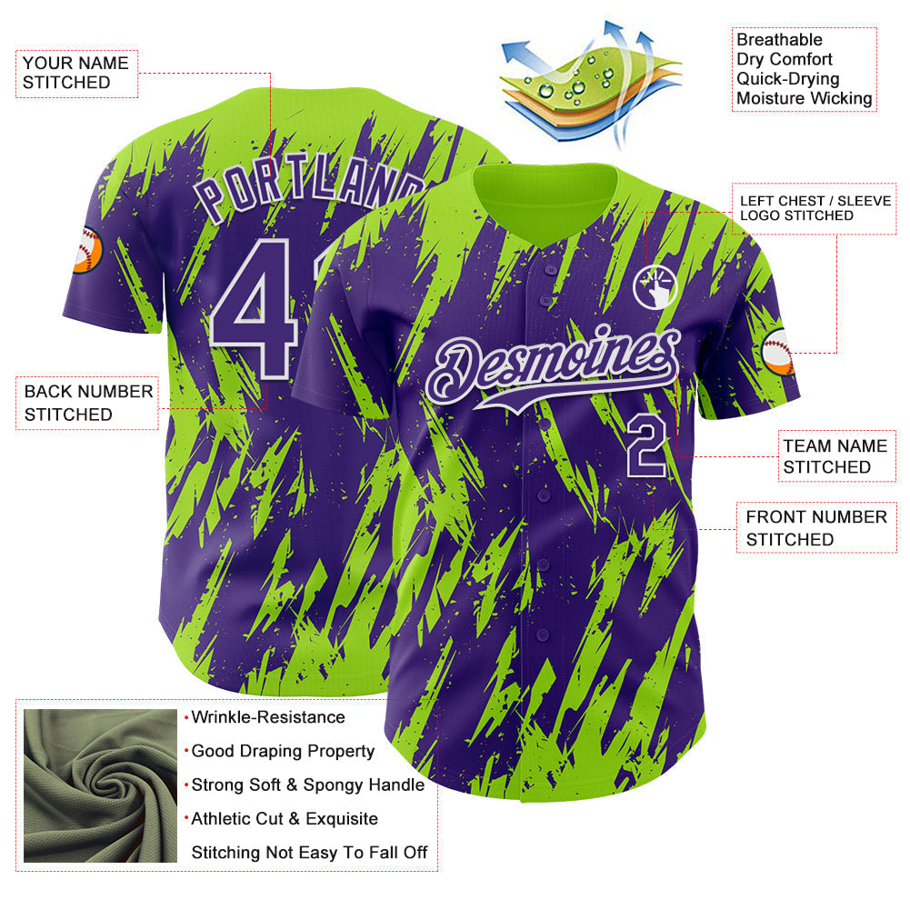 Custom Purple White-Neon Green Splatter Torn Sharp Brush Stroke Authentic Baseball Jersey baseball jersey product view 3