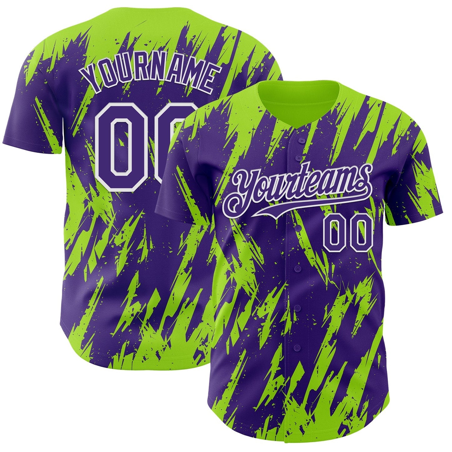 Custom Purple White-Neon Green Splatter Torn Sharp Brush Stroke Authentic Baseball Jersey baseball jersey product view 1