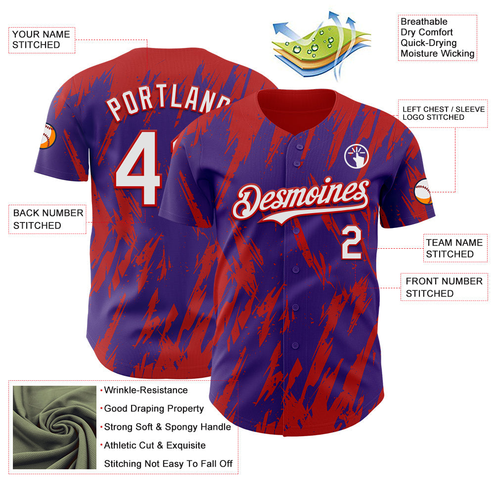 Custom Purple White-Red Splatter Torn Sharp Brush Stroke Authentic Baseball Jersey baseball jersey product view 3