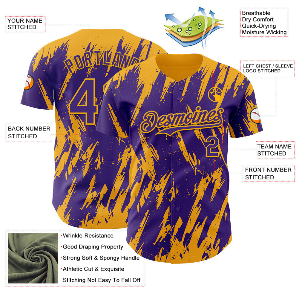 Custom Purple Gold Splatter Torn Sharp Brush Stroke Authentic Baseball Jersey baseball jersey product view 3
