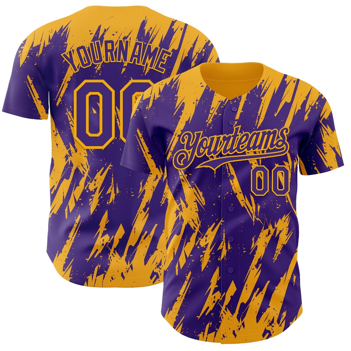 Custom Purple Gold Splatter Torn Sharp Brush Stroke Authentic Baseball Jersey baseball jersey product view 1