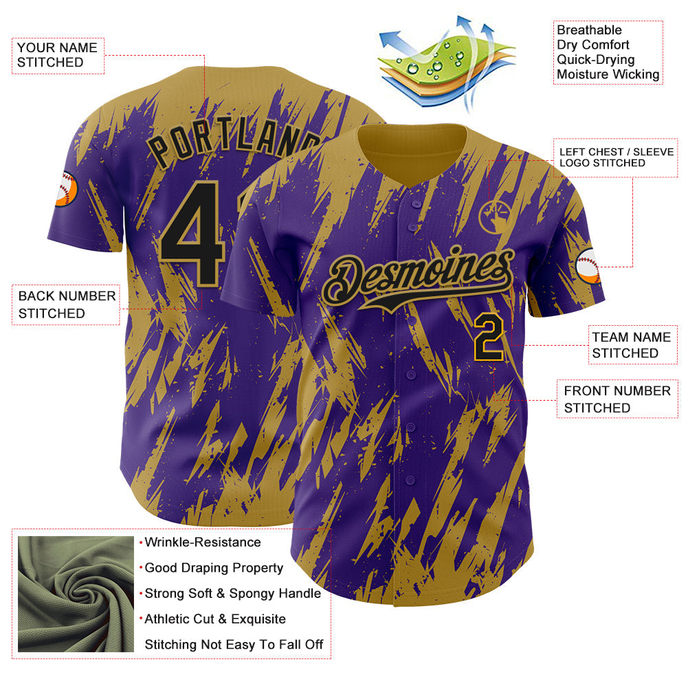 Custom Purple Old Gold Splatter Torn Sharp Brush Stroke Authentic Baseball Jersey baseball jersey product view 3