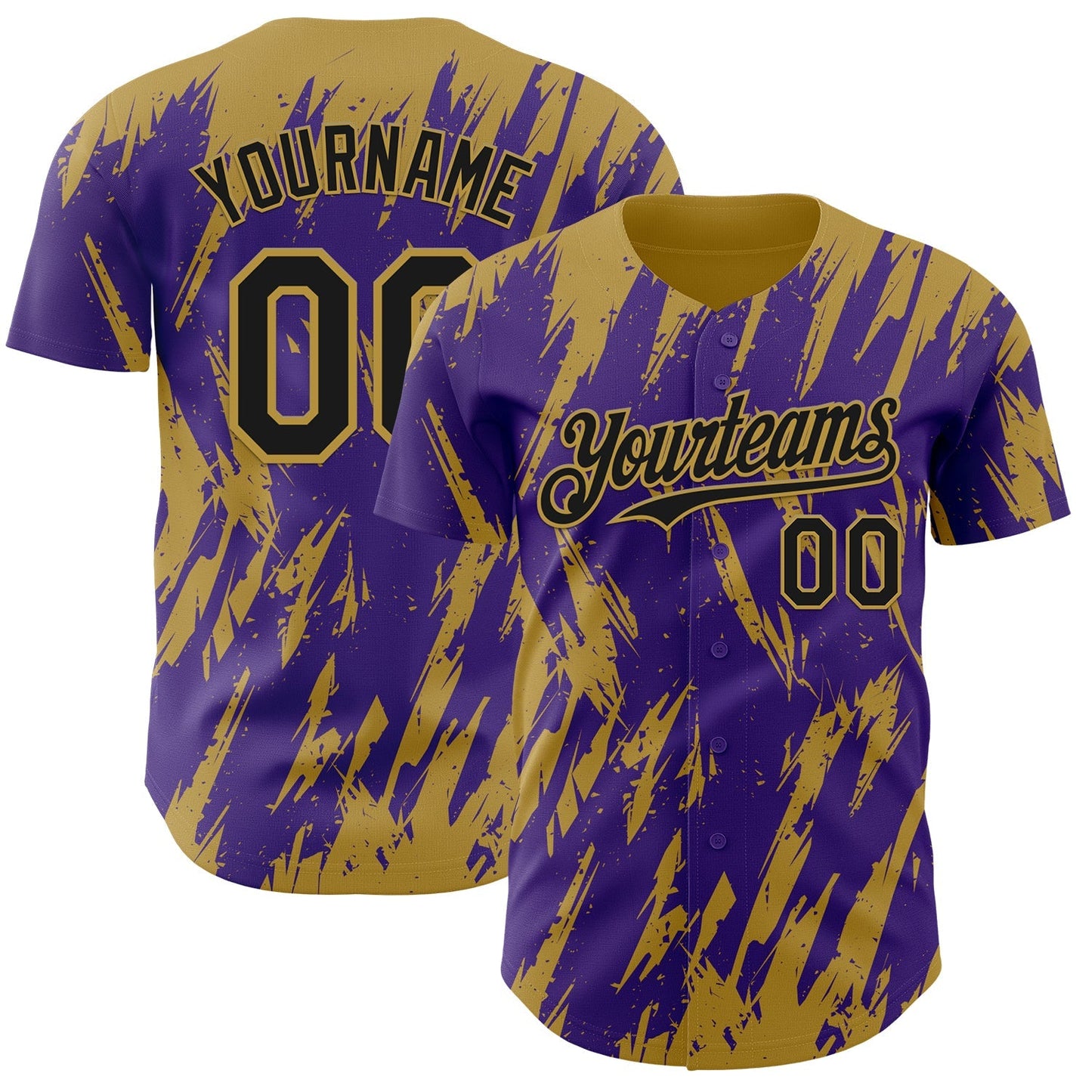 Custom Purple Old Gold Splatter Torn Sharp Brush Stroke Authentic Baseball Jersey baseball jersey product view 1