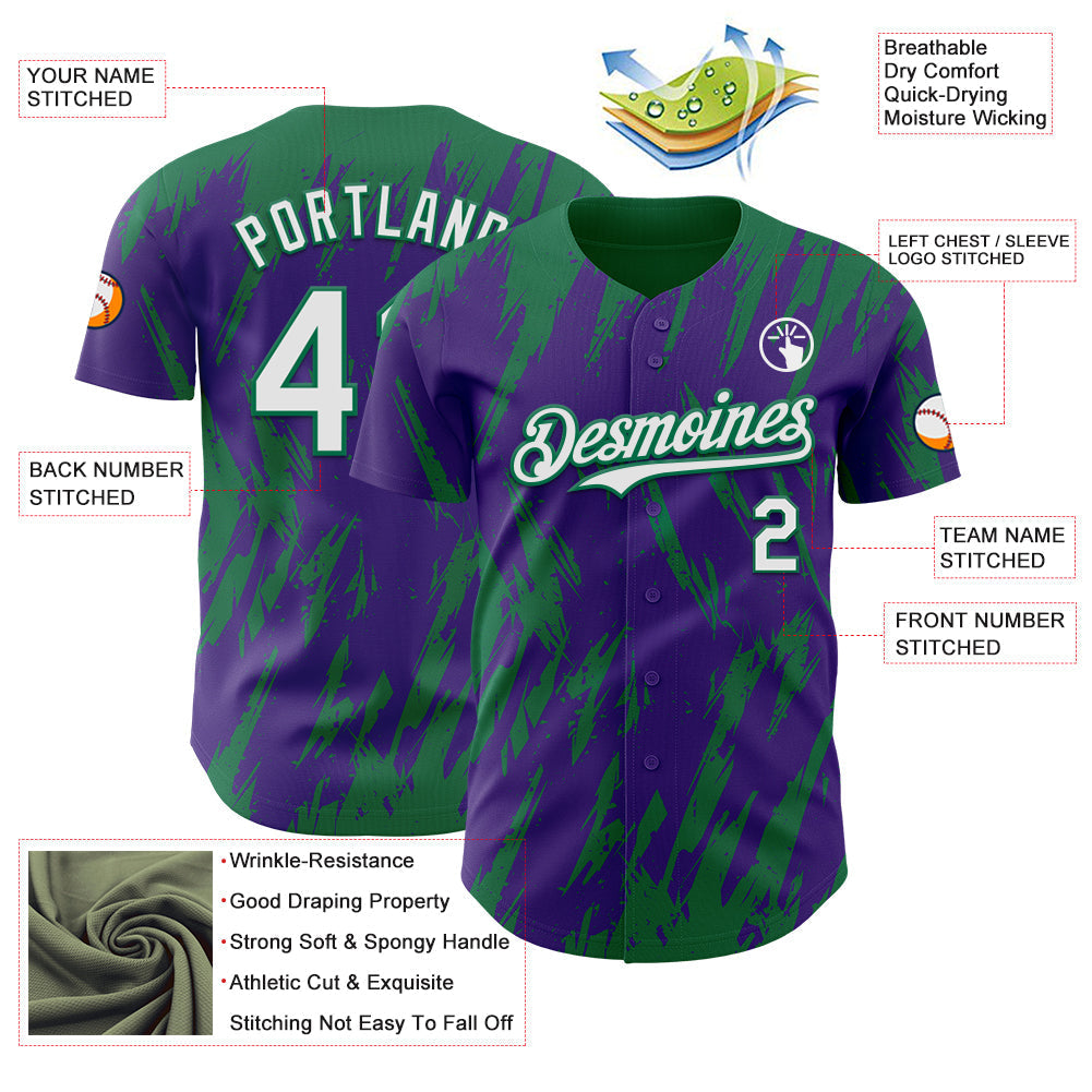 Custom Purple White-Kelly Green Splatter Torn Sharp Brush Stroke Authentic Baseball Jersey baseball jersey product view 3