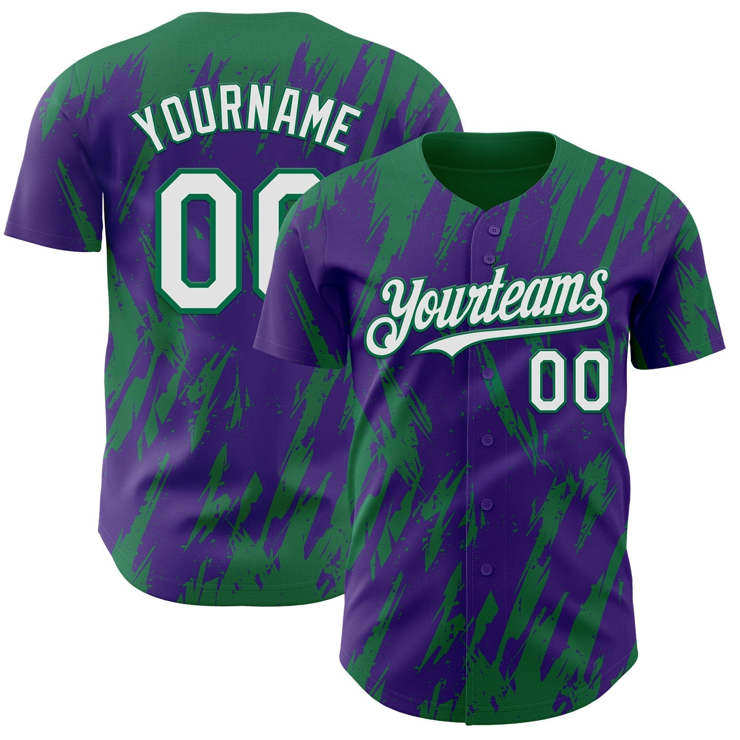 Custom Purple White-Kelly Green Splatter Torn Sharp Brush Stroke Authentic Baseball Jersey baseball jersey product view 1