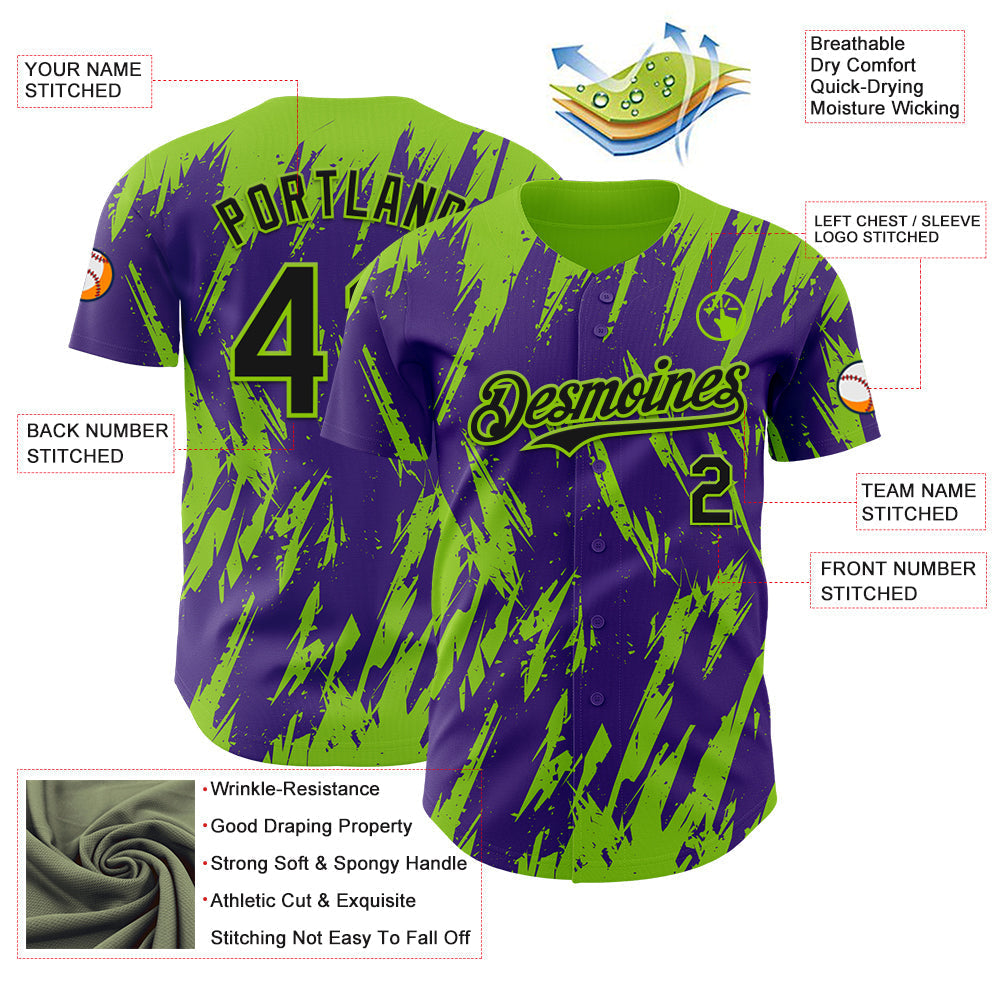 Custom Purple Neon Green Splatter Torn Sharp Brush Stroke Authentic Baseball Jersey baseball jersey product view 3