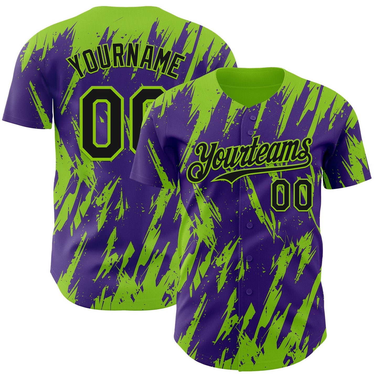 Custom Purple Neon Green Splatter Torn Sharp Brush Stroke Authentic Baseball Jersey baseball jersey product view 1