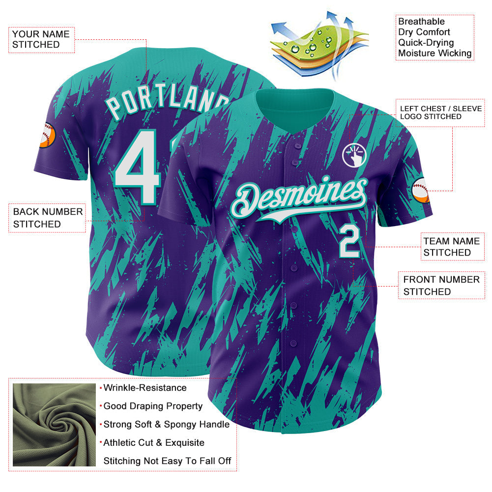 Custom Purple White-Aqua Splatter Torn Sharp Brush Stroke Authentic Baseball Jersey baseball jersey product view 3
