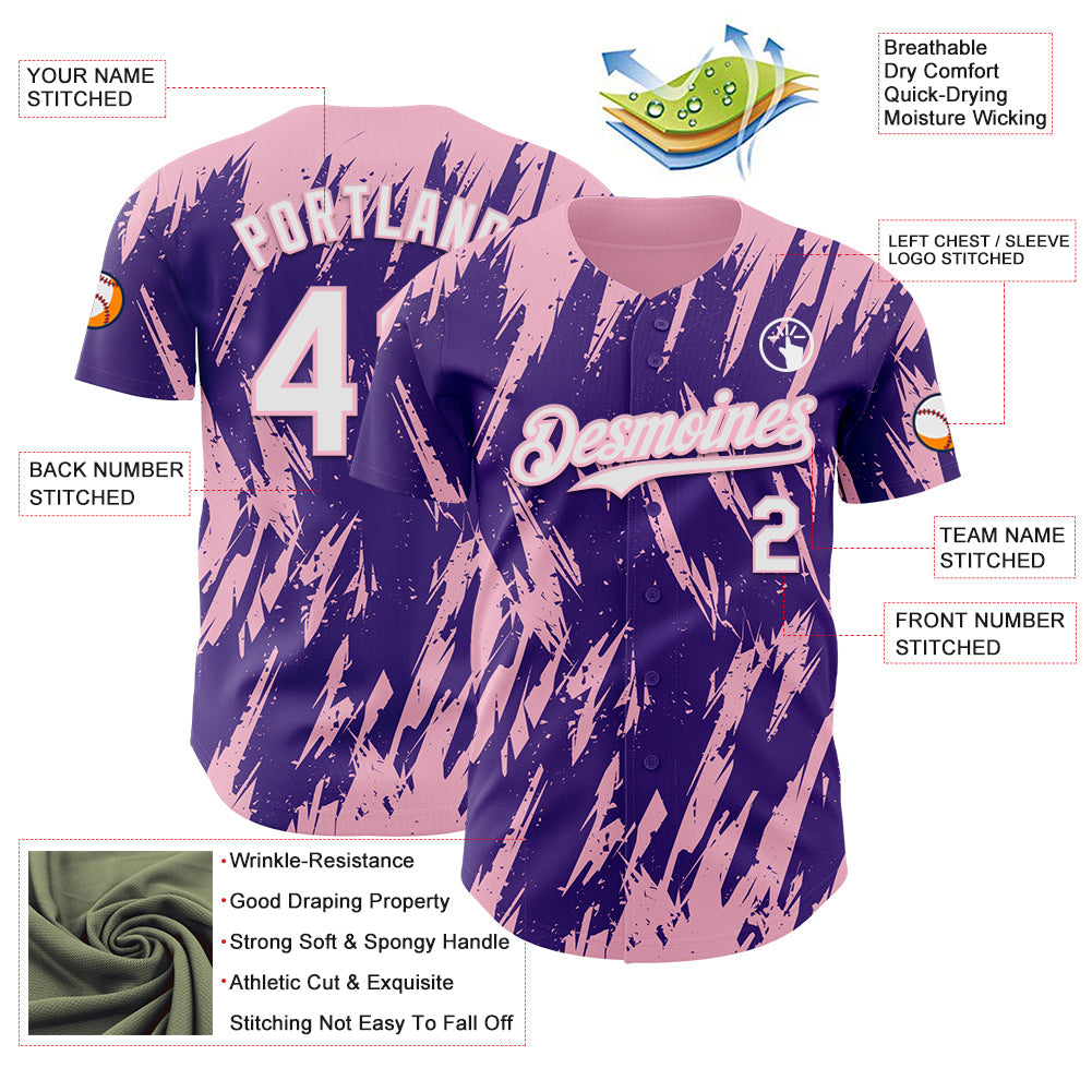 Custom Purple White-Light Pink Splatter Torn Sharp Brush Stroke Authentic Baseball Jersey baseball jersey product view 3