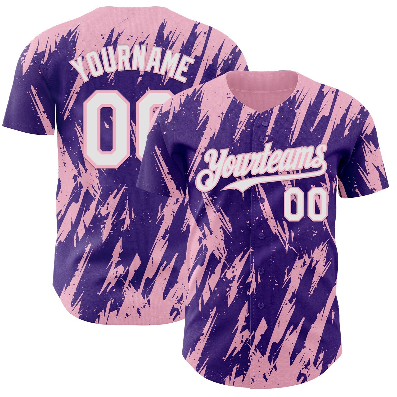 Custom Purple White-Light Pink Splatter Torn Sharp Brush Stroke Authentic Baseball Jersey baseball jersey product view 1