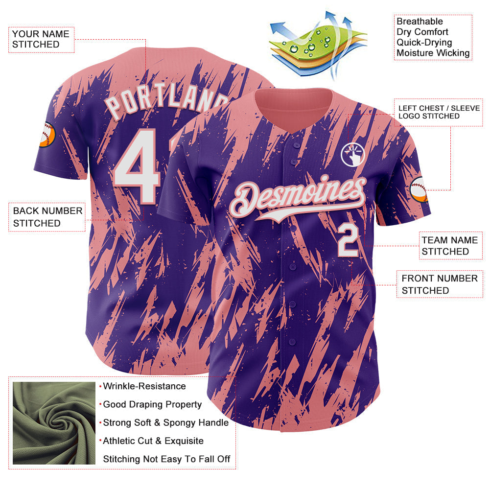 Custom Purple White-Medium Pink Splatter Torn Sharp Brush Stroke Authentic Baseball Jersey baseball jersey product view 3