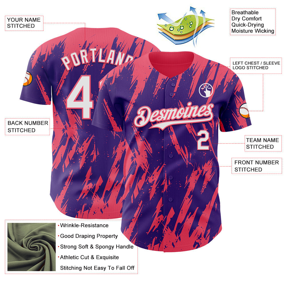 Custom Purple White-Neon Pink Splatter Torn Sharp Brush Stroke Authentic Baseball Jersey baseball jersey product view 3