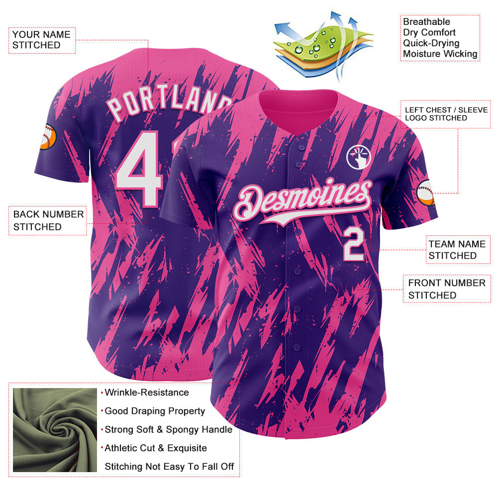 Custom Purple White-Pink Splatter Torn Sharp Brush Stroke Authentic Baseball Jersey baseball jersey product view 3