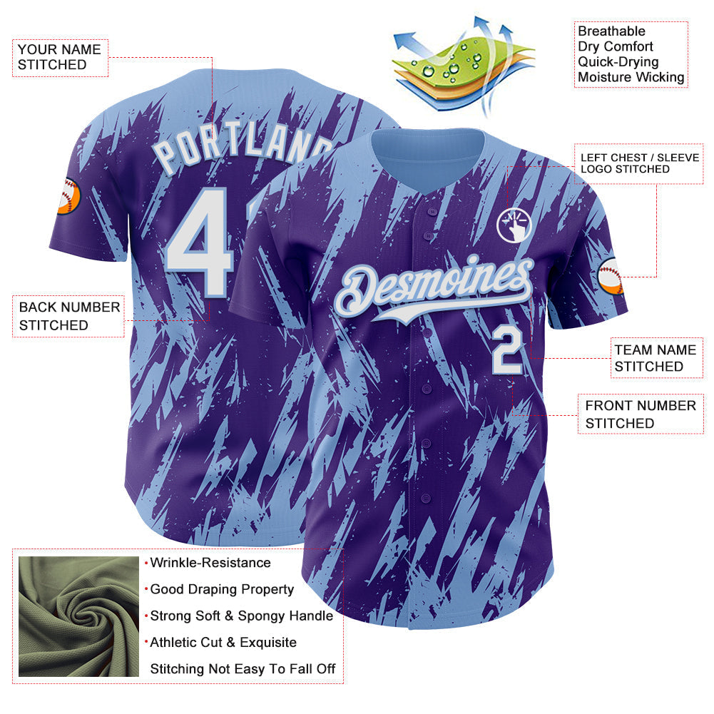Custom Purple White-Light Blue Splatter Torn Sharp Brush Stroke Authentic Baseball Jersey baseball jersey product view 3