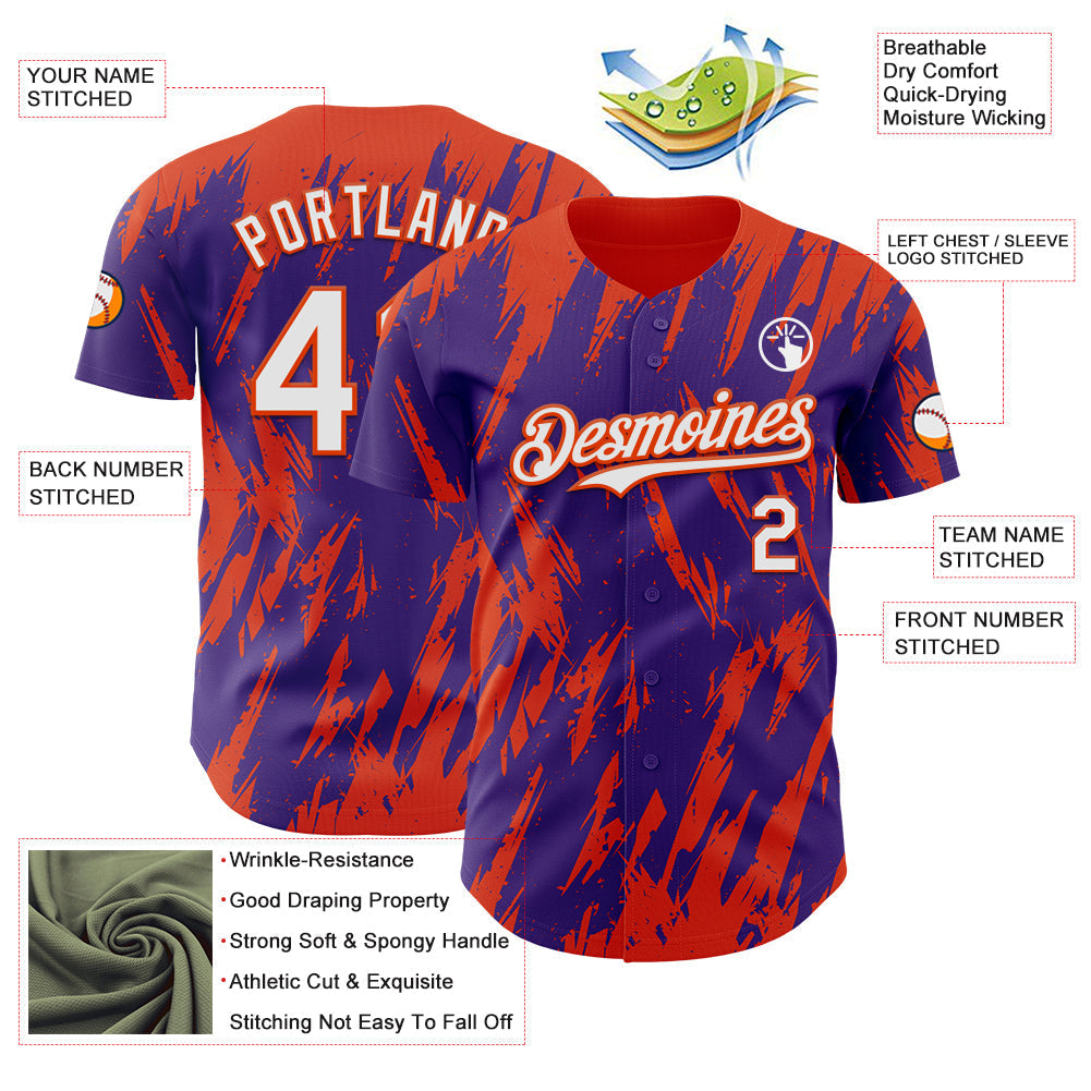 Custom Purple White-Orange Splatter Torn Sharp Brush Stroke Authentic Baseball Jersey baseball jersey product view 3
