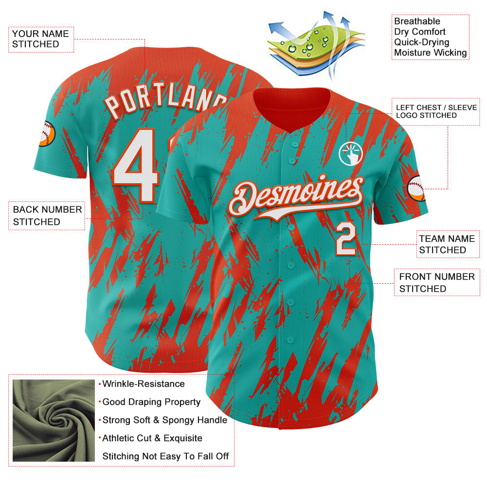 Custom Aqua White-Orange Splatter Torn Sharp Brush Stroke Authentic Baseball Jersey baseball jersey product view 3