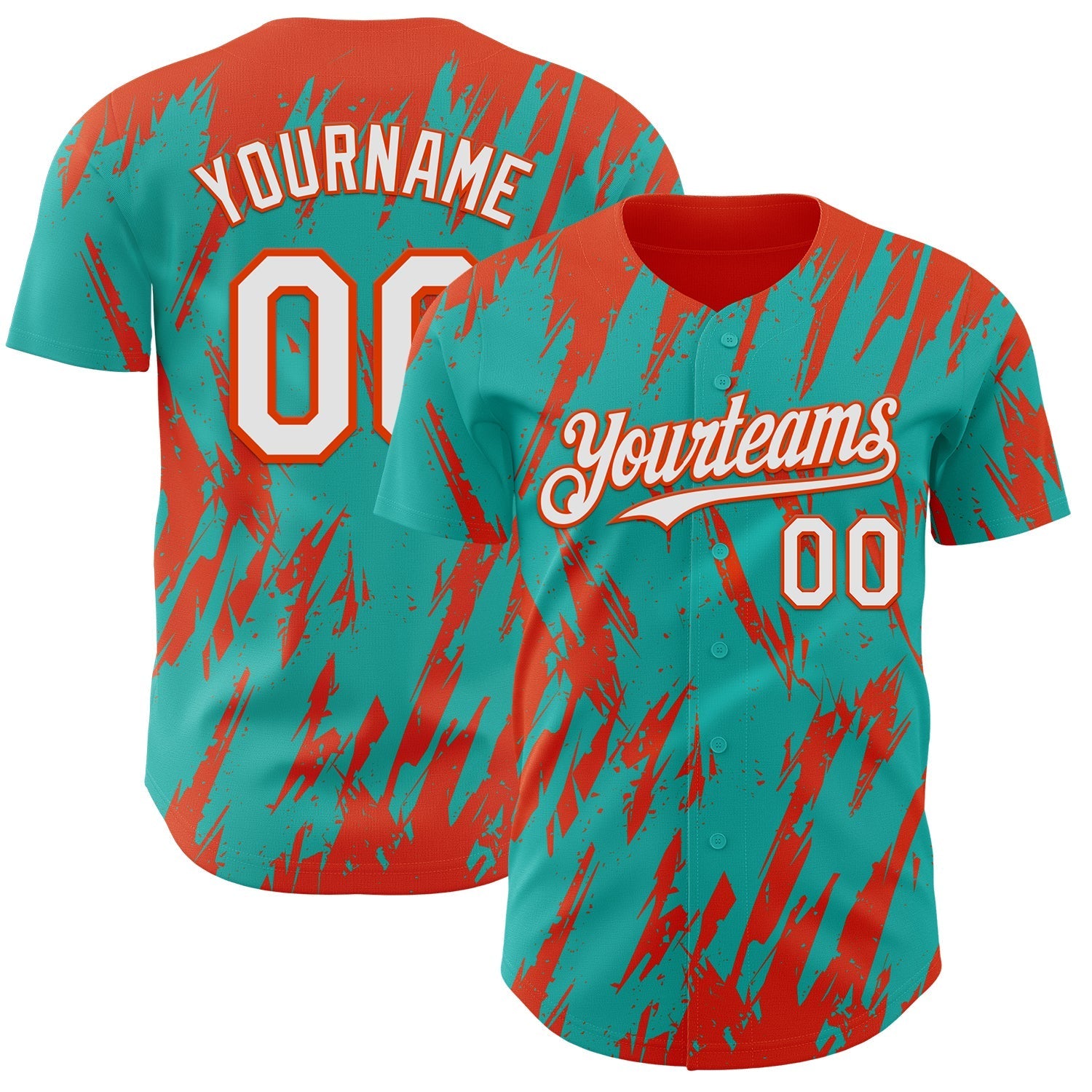 Custom Aqua White-Orange Splatter Torn Sharp Brush Stroke Authentic Baseball Jersey baseball jersey product view 1