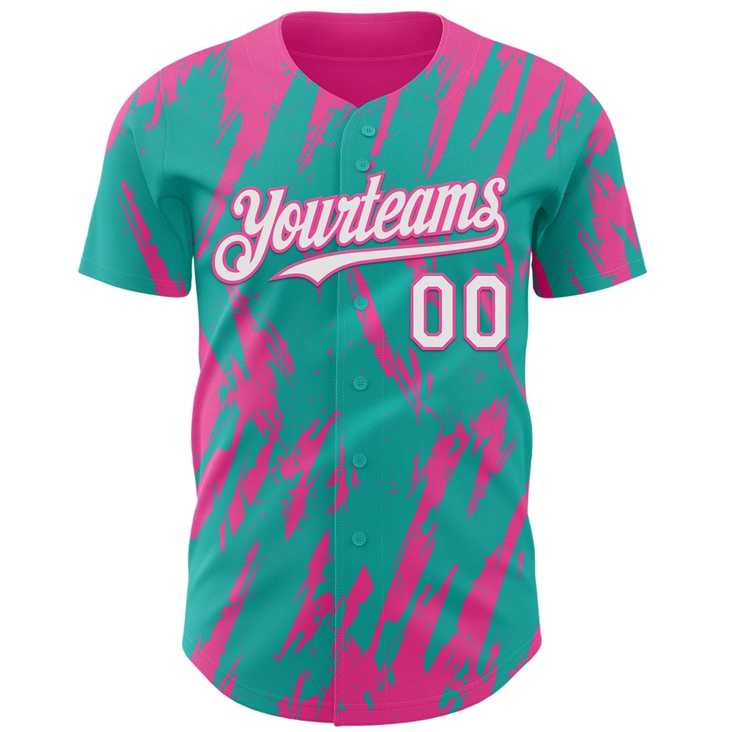 Custom Aqua White-Pink Splatter Torn Sharp Brush Stroke Authentic Baseball Jersey baseball jersey product view 2