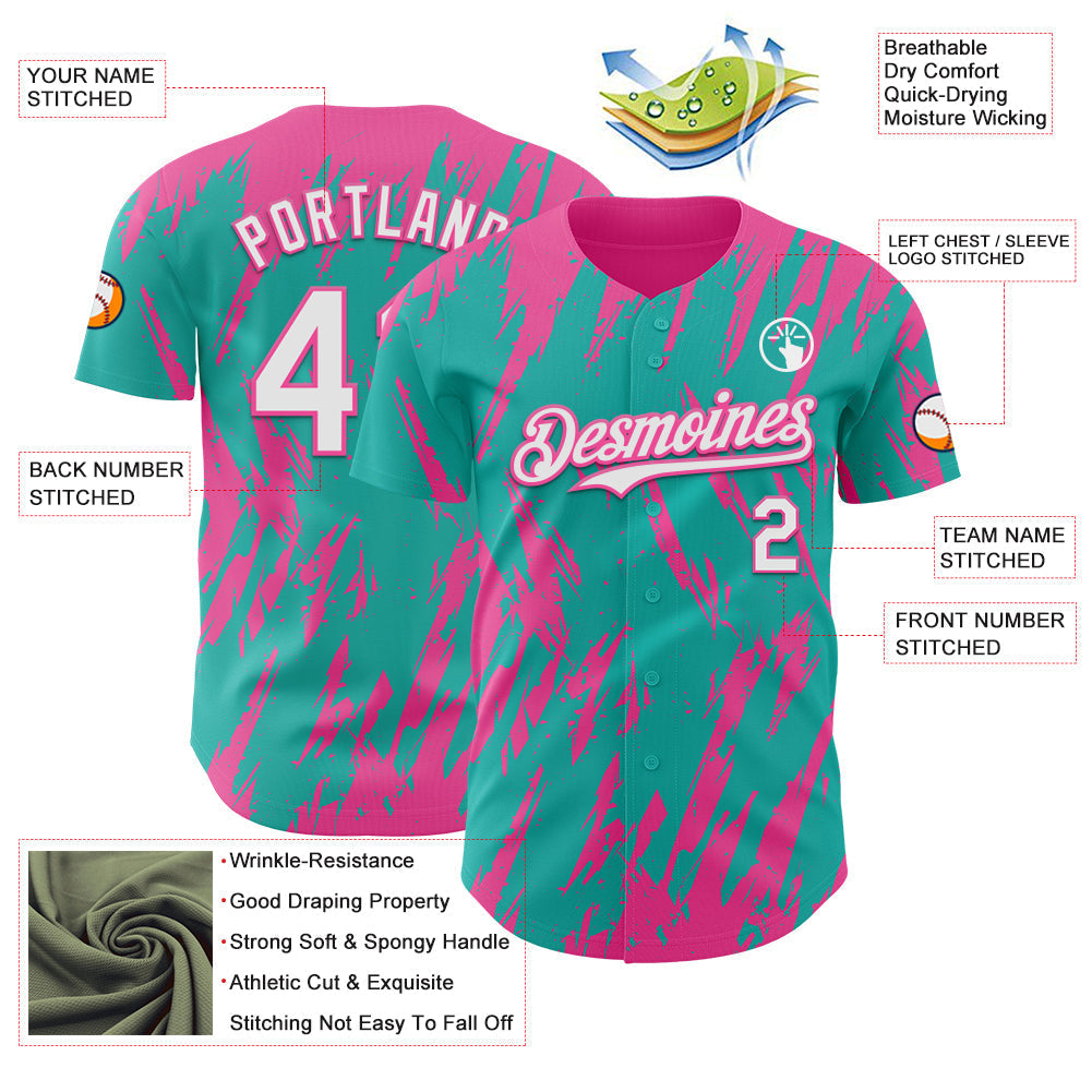 Custom Aqua White-Pink Splatter Torn Sharp Brush Stroke Authentic Baseball Jersey baseball jersey product view 3