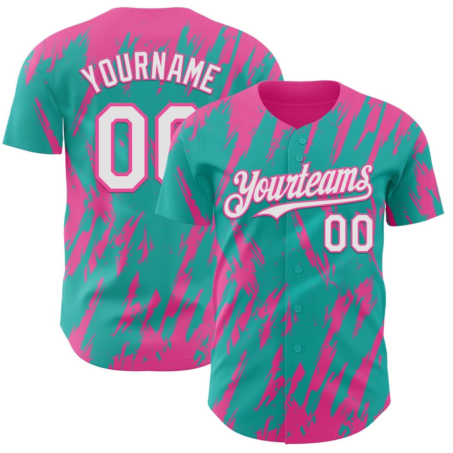 Custom Aqua White-Pink Splatter Torn Sharp Brush Stroke Authentic Baseball Jersey baseball jersey product view 1