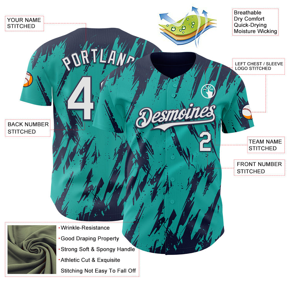 Custom Aqua White-Navy Splatter Torn Sharp Brush Stroke Authentic Baseball Jersey baseball jersey product view 3