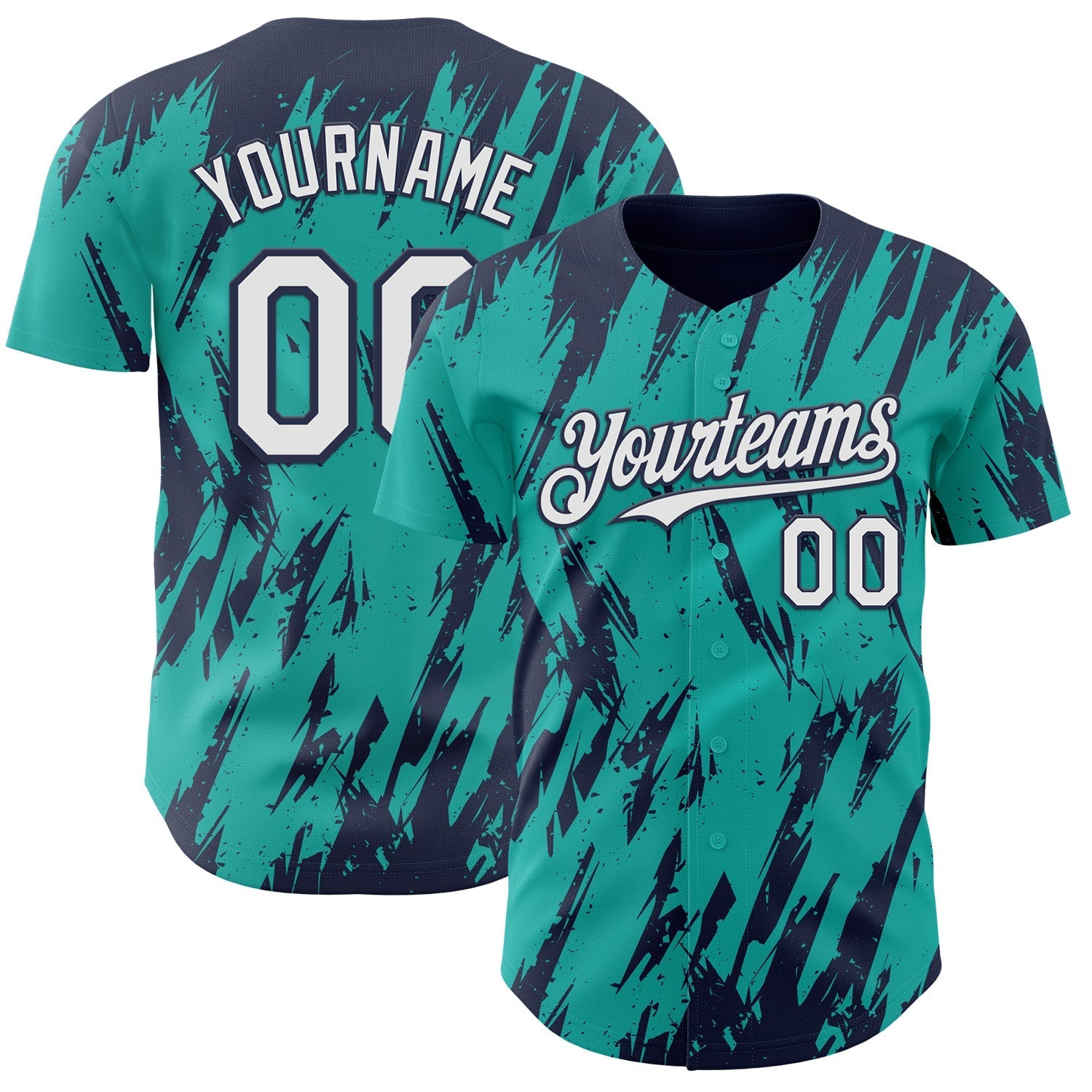 Custom Aqua White-Navy Splatter Torn Sharp Brush Stroke Authentic Baseball Jersey baseball jersey product view 1