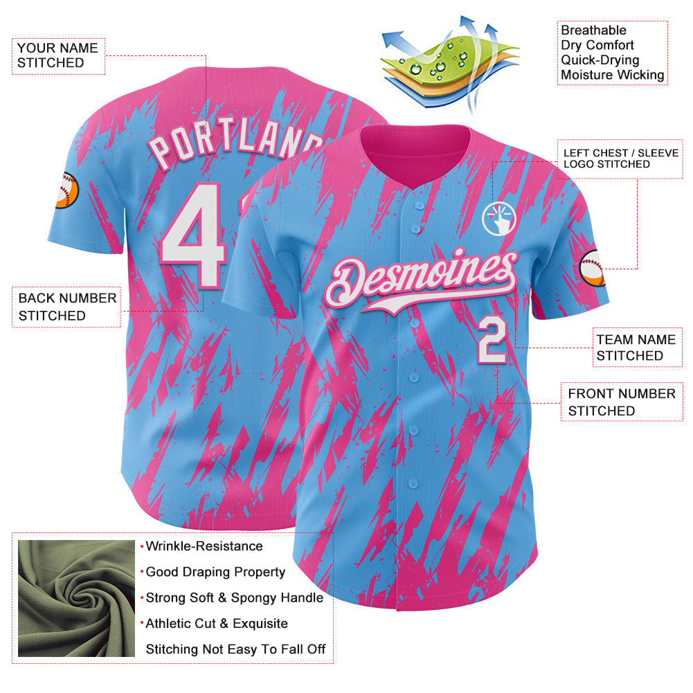 Custom Sky Blue White-Pink Splatter Torn Sharp Brush Stroke Authentic Baseball Jersey baseball jersey product view 3