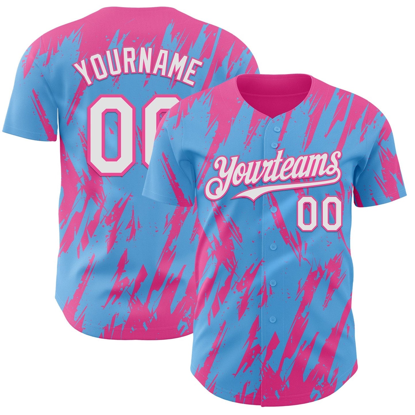 Custom Sky Blue White-Pink Splatter Torn Sharp Brush Stroke Authentic Baseball Jersey baseball jersey product view 1