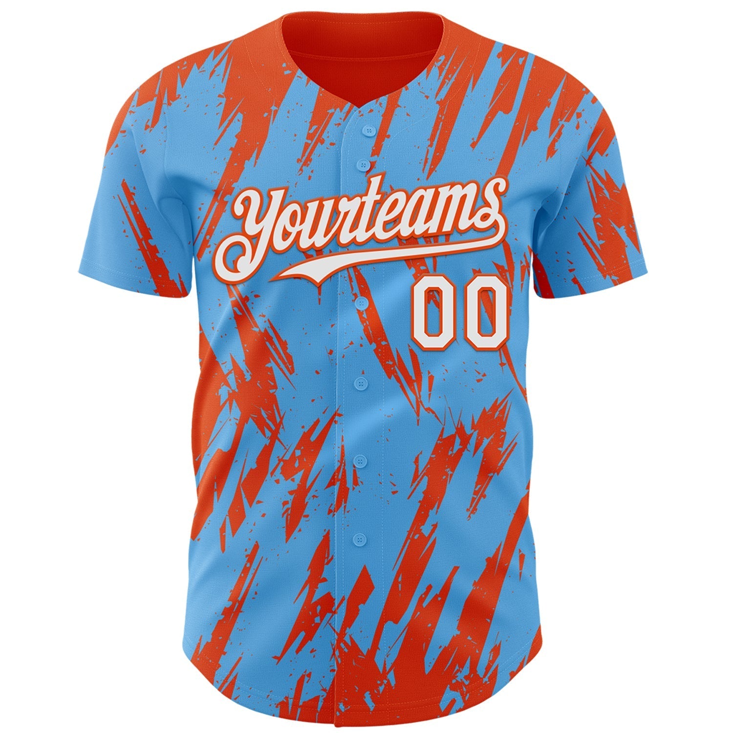 Custom Sky Blue White-Orange Splatter Torn Sharp Brush Stroke Authentic Baseball Jersey baseball jersey product view 2