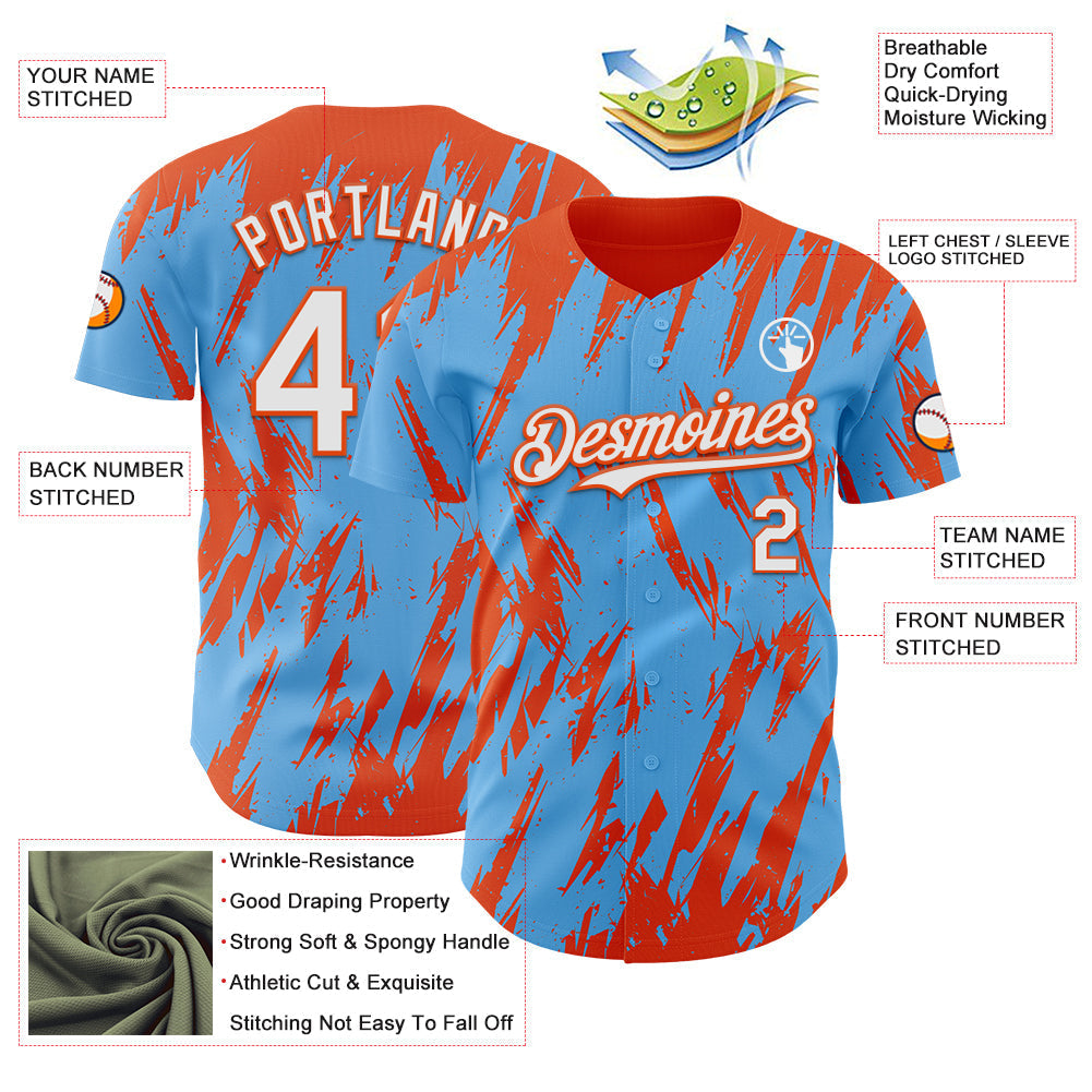 Custom Sky Blue White-Orange Splatter Torn Sharp Brush Stroke Authentic Baseball Jersey baseball jersey product view 3