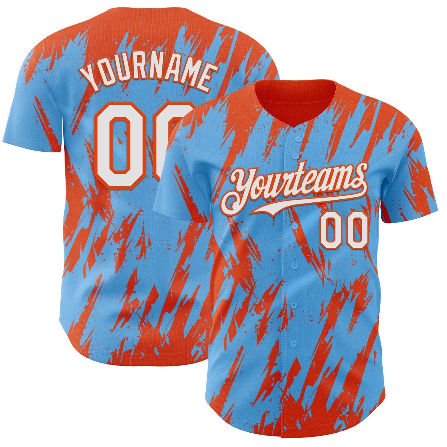 Custom Sky Blue White-Orange Splatter Torn Sharp Brush Stroke Authentic Baseball Jersey baseball jersey product view 1