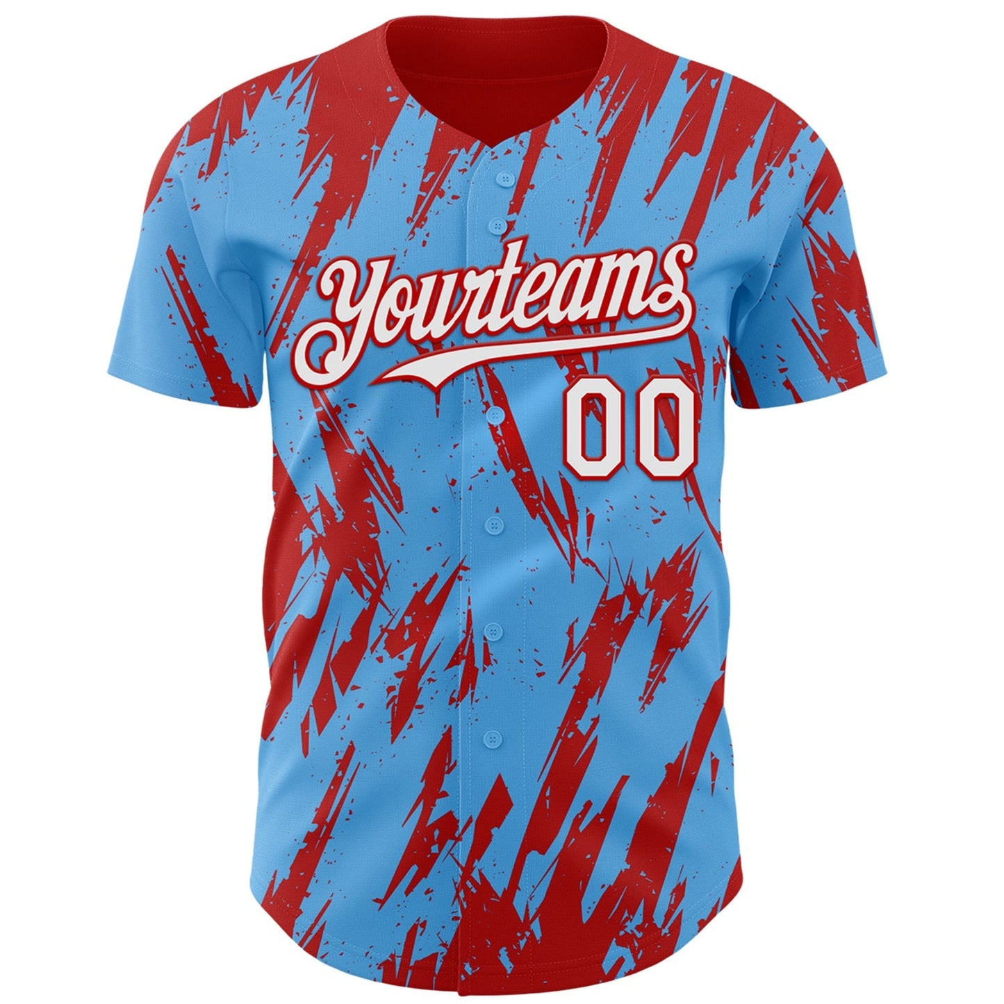 Custom Sky Blue White-Red Splatter Torn Sharp Brush Stroke Authentic Baseball Jersey baseball jersey product view 2