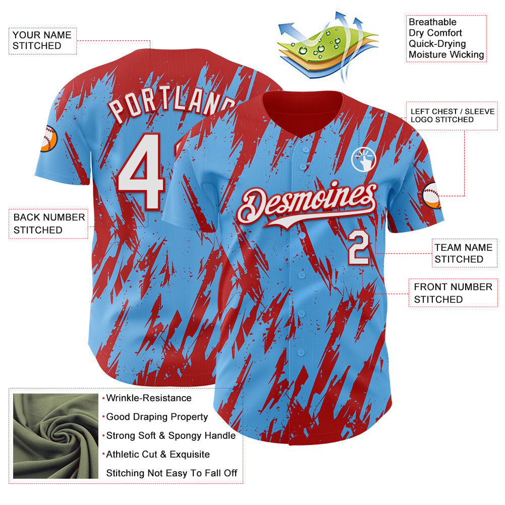 Custom Sky Blue White-Red Splatter Torn Sharp Brush Stroke Authentic Baseball Jersey baseball jersey product view 3