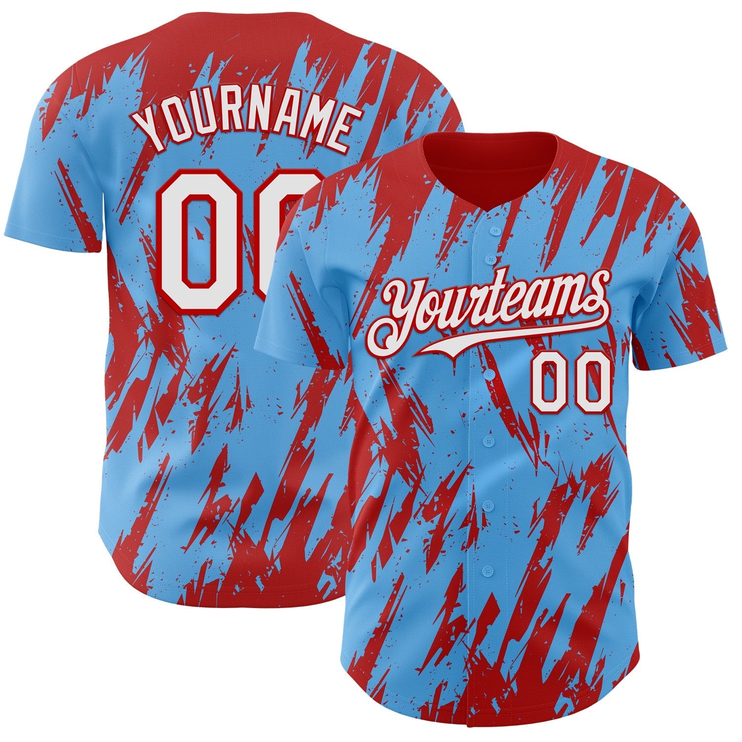 Custom Sky Blue White-Red Splatter Torn Sharp Brush Stroke Authentic Baseball Jersey baseball jersey product view 1