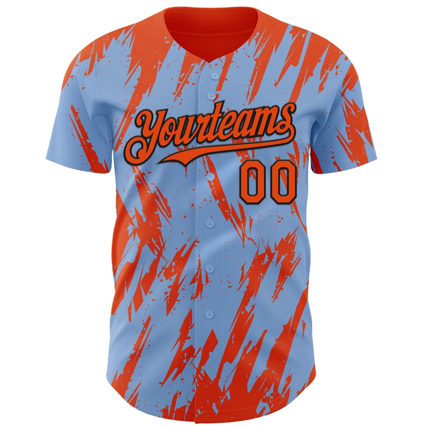 Custom Light Blue Orange-Black Splatter Torn Sharp Brush Stroke Authentic Baseball Jersey baseball jersey product view 2